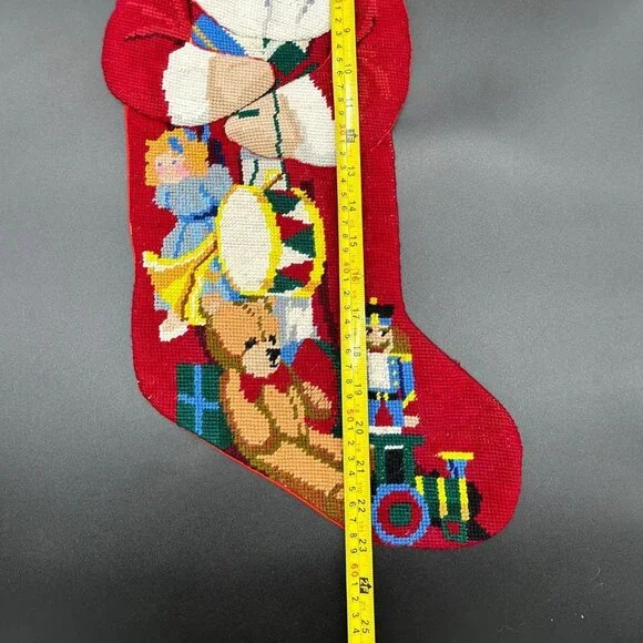 Vintage Christmas Needlepoint Stocking Santa Claus Toys Red Hanging Loop Figural - Picture 7 of 8